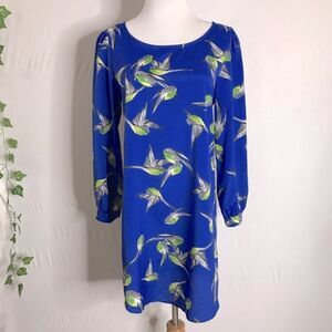 The Vintage Shop Blue Green Bird Print Dress Medium Long Sleeve